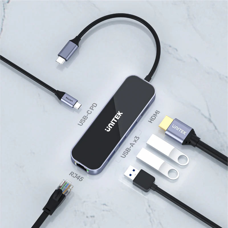 Unitek D1084A uHUB H6 Gloss 6-in-1 USB-C Ethernet Hub With HDMI and 100W Power Delivery Unitek D1084A uHUB H6 Gloss 6-in-1 USB-C Ethernet Hub With HDMI and 100W Power Delivery